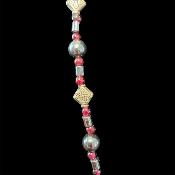 Boho Hematite Beaded Necklace Red Glass Pendant Vintage Artisan Festival Jewelry - Picture 3 of 5